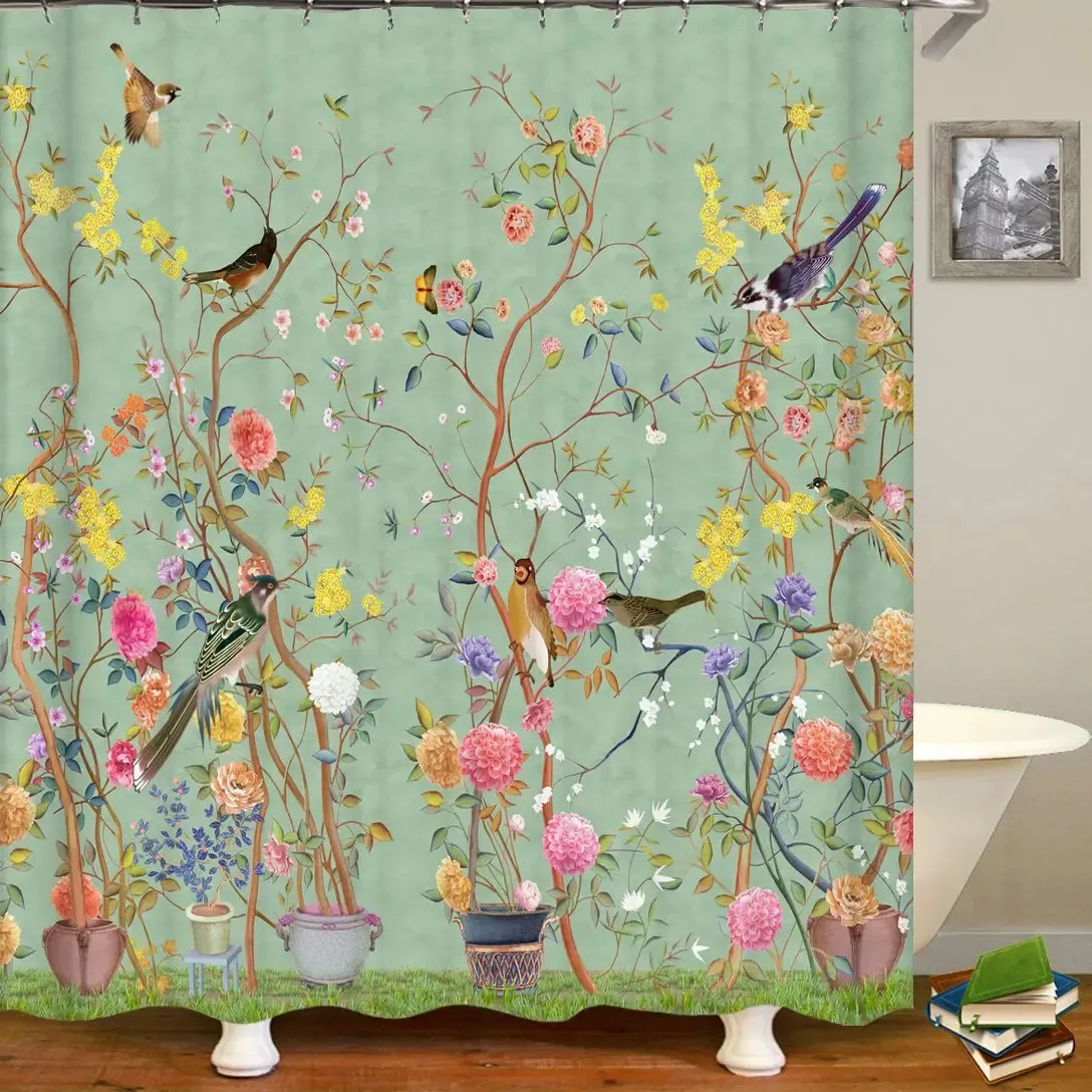 Chiński w stylu kwiat i ptaki drzewa zasłony prysznicowe zasłonę kąpiel Wodoodporny wystrój łazienki z haczykami 3D Printing Bath Curtain 240125