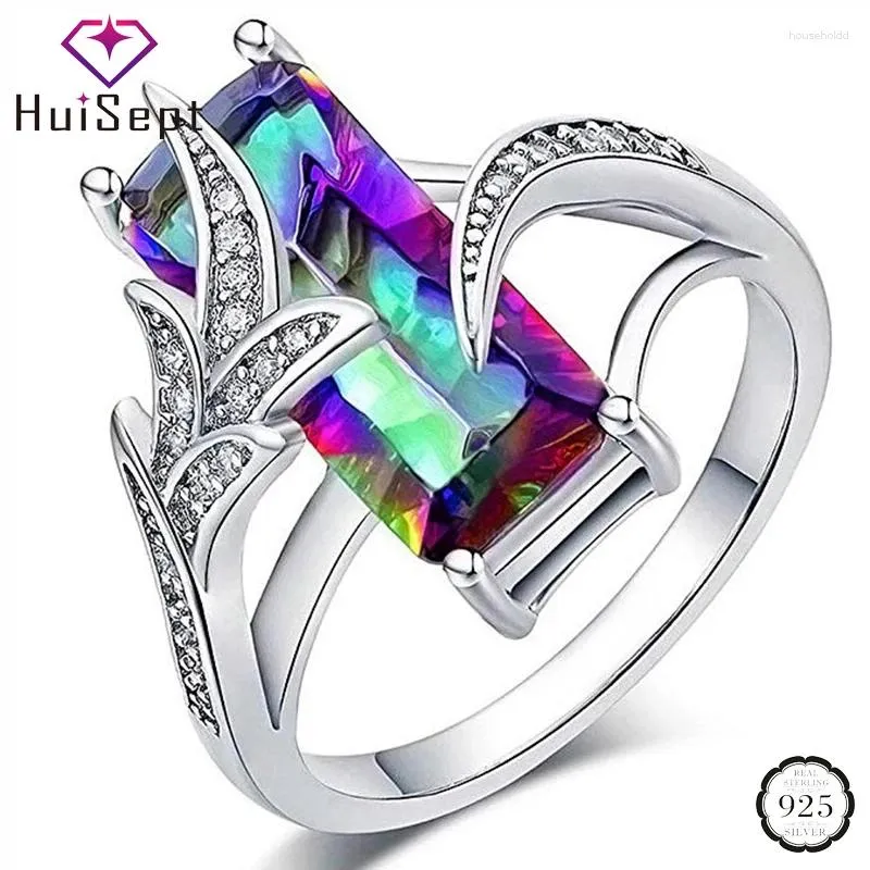 クラスターリングHuisept Trendy 925 Silver Ring 6 18mm長方形の形状Topaz Zircon Jewelry for Female Wedding Part