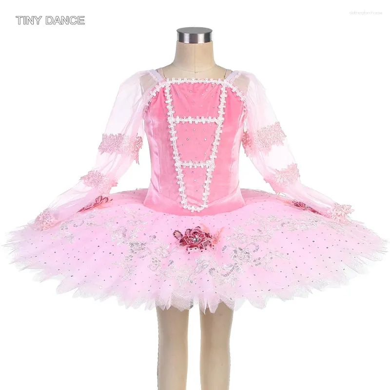 Stage Wear Long Sleeve Ballet Pancake Tutu For Girls And Women Professional Tutus Ballerina Dance Costumes Pink Velvet Bodice Dress