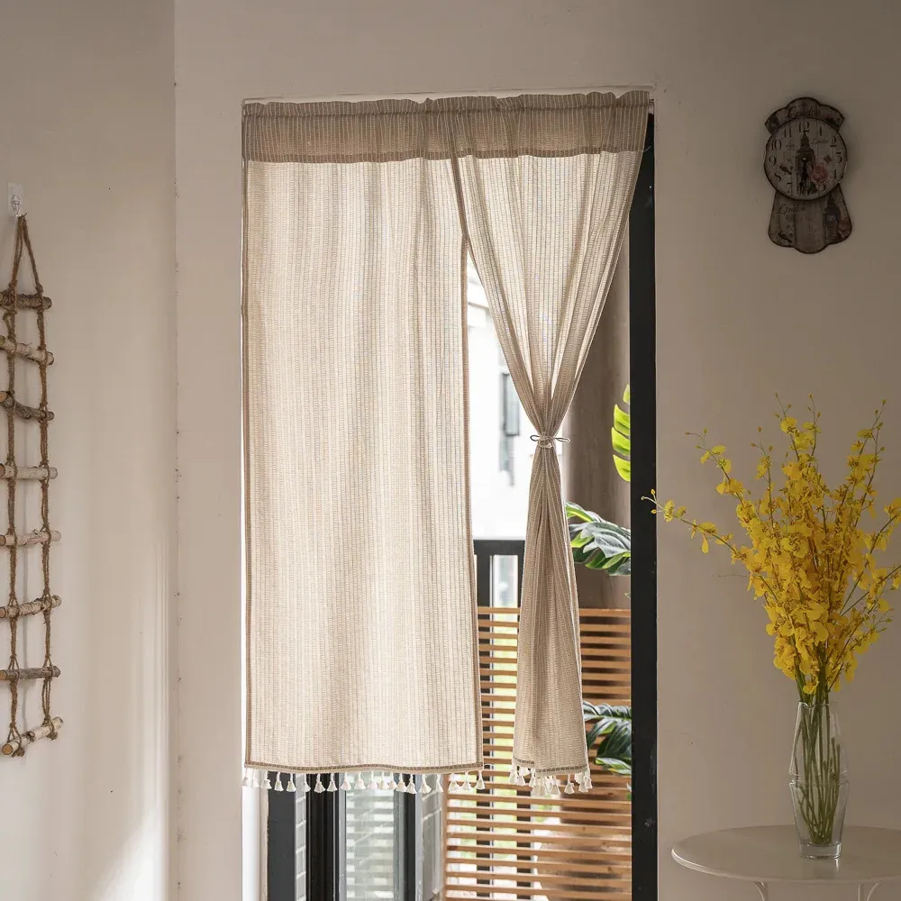 Dörrgardin japansk stil bomullslinne jacquard randig partition gardin för kök vardagsrum sovrum dekorativ gardin 240119