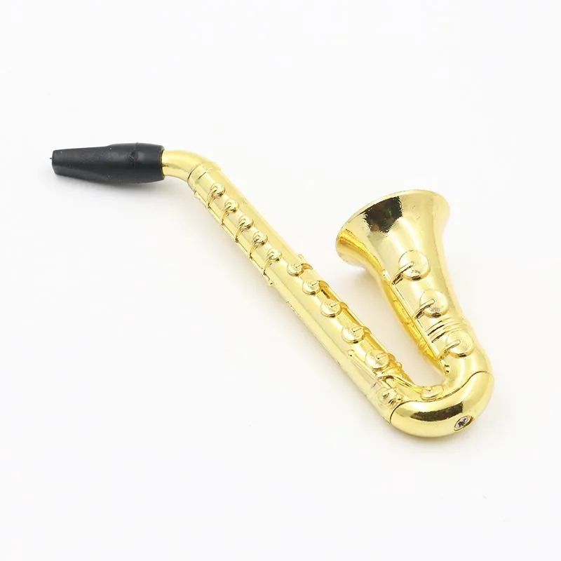 New Arrivals Mini smoking pipe Saxophone Trumpet Shape Metal Zinc Alloy Tobacco Dry Herb Pipes With Screens Novelty Gift Individual Package