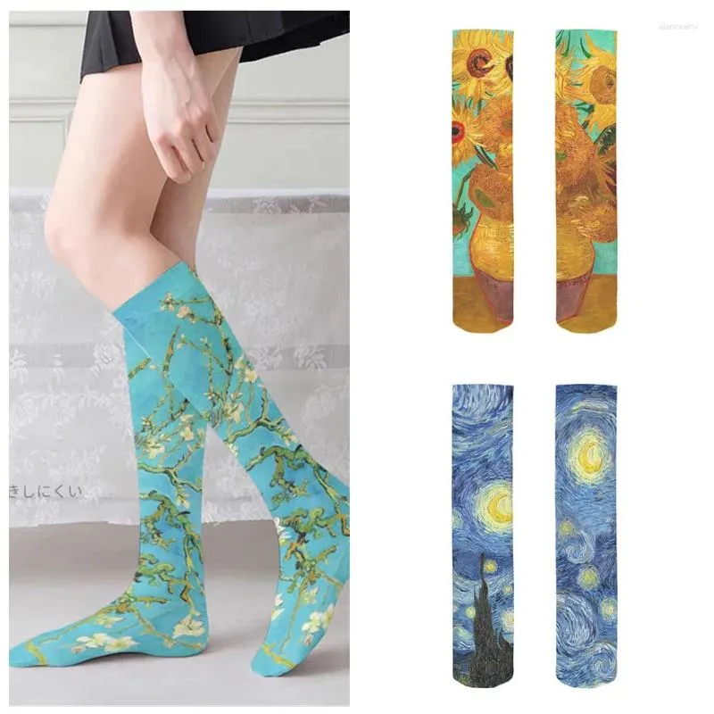 Damensocken, Van Gogh-Wandgemälde, weltberühmte Malerei, Sonnenblumenstrümpfe, Neuheit, lässig, lang, klassisch, Retro, Persönlichkeit, dünn