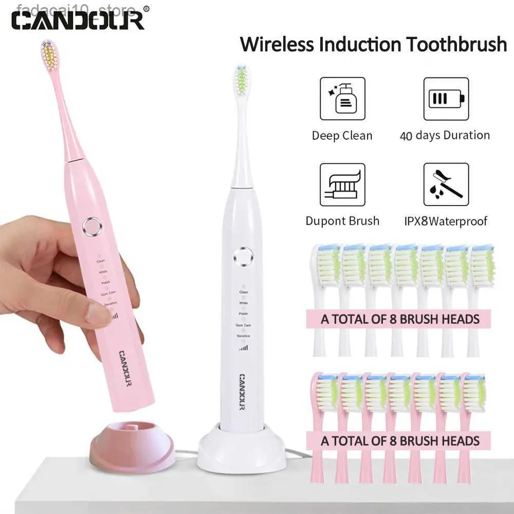 Toothbrush CANDOUR Sonic electric toothbrush waterproof 15 mode IPX8 replaceable toothbrush head USB charger Q240202