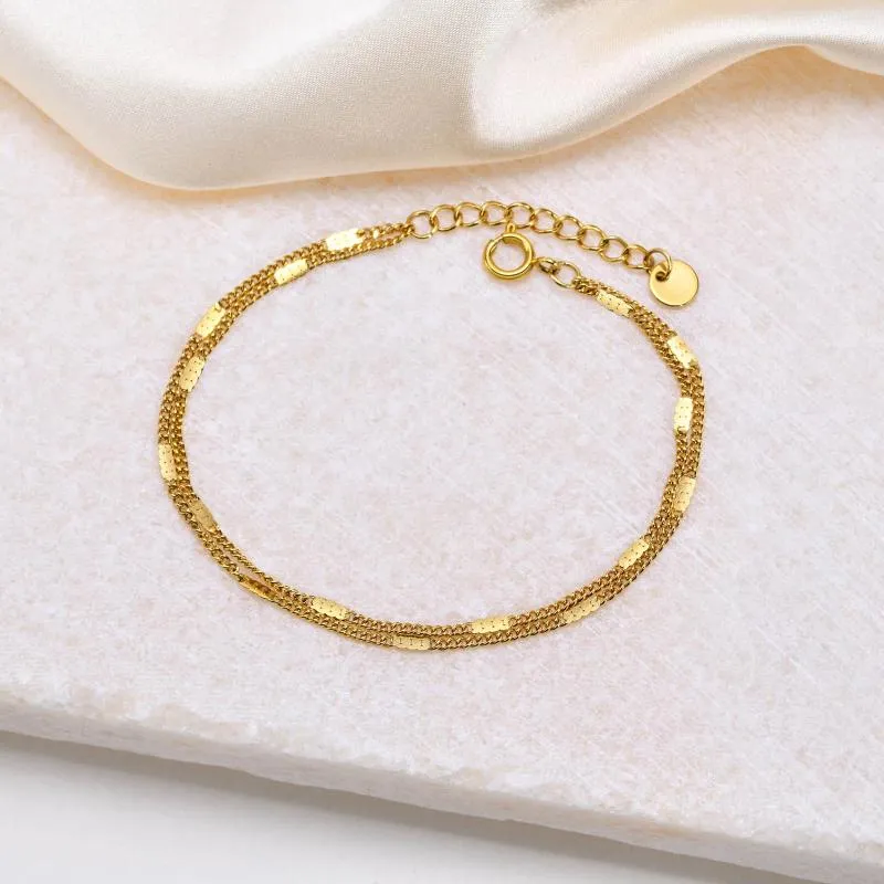 Link pulseiras elegante pulseira de corrente dupla para mulheres glitter plana em camadas pulseira 18k banhado a ouro aço inoxidável jóias minimalistas