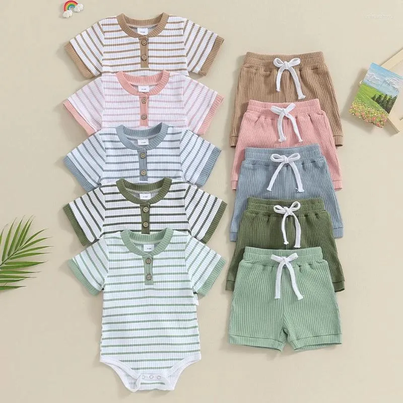 Clothing Sets VISgogo 2 Pcs Baby Summer Boys Girls Outfits Striped Short Sleeve Rompers And Elastic Waist Shorts Born Casual Clothes Set