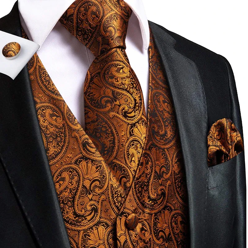 HiTie 100% Zijde Heren Vest voor Mannen Pak Vintage Mode Formele Bruin Paisley Jurk Vesten Bruiloft formele Jurken 240119