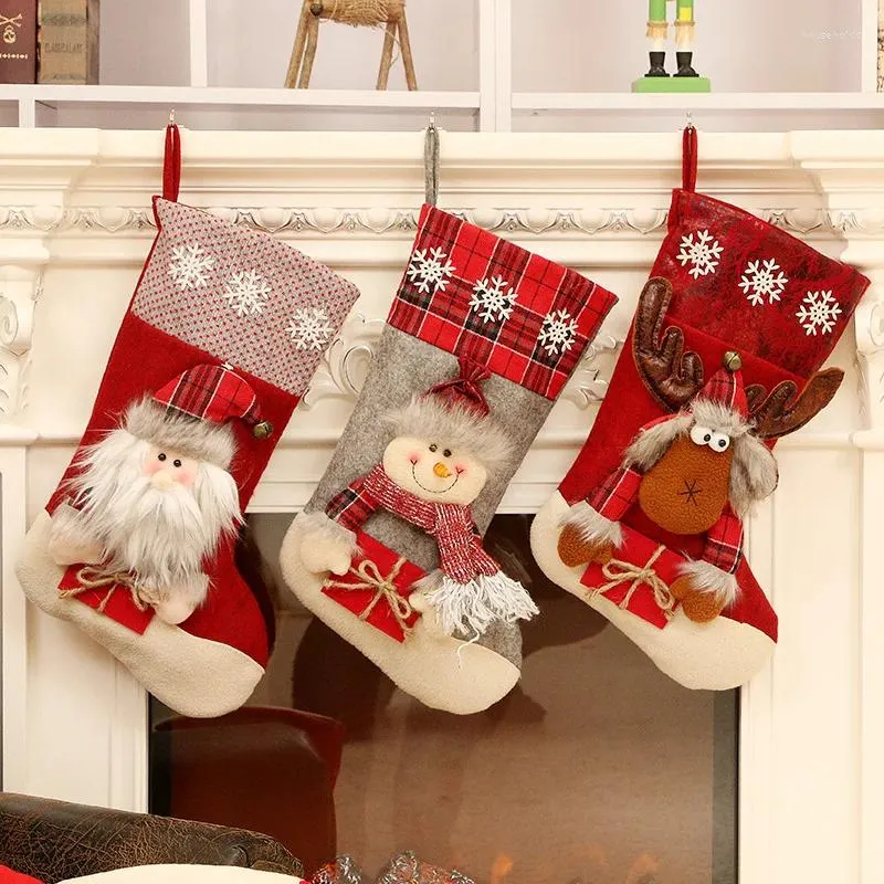 Juldekorationer Strump Pet Decor First Gift Fun Tree Snowflake Red Green Plaid Sock Boots öppen spis heminredning
