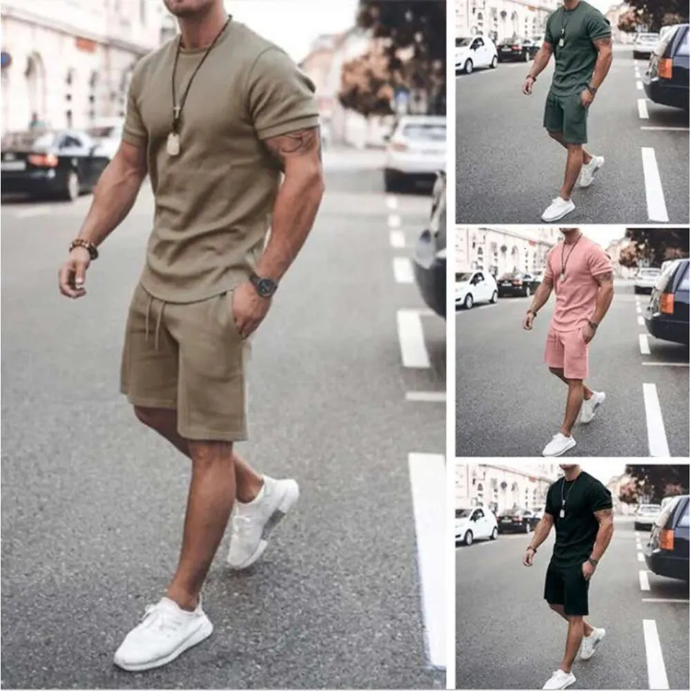 Agasalho masculino 21 verão manga curta shorts casual cor pura roupas masculinas respirável calças de duas peças moletom ativo