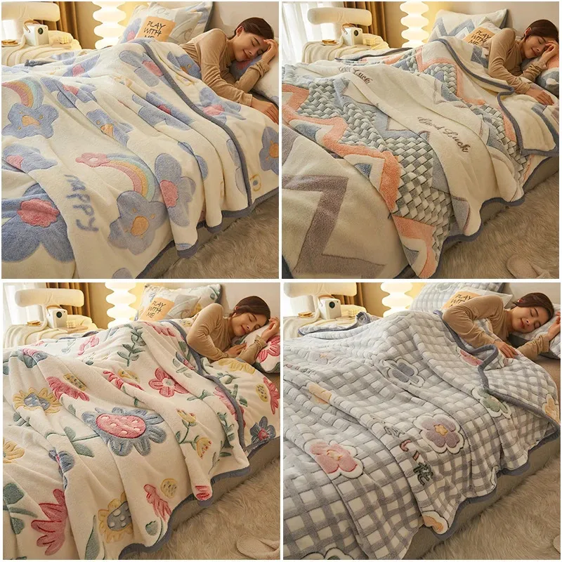 Warm Autumn and Winter Cartoon Blanket Thickened Sleep Set Cartoon Bed Cover Sheet Cover Blanket on Bed 240119