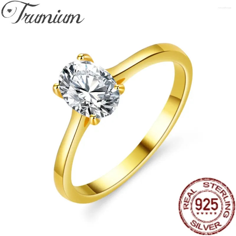 Cluster Rings Trumium 1CT 925 Sterling Silver 18K Gold Plated Ring Oval Cut 5a Cubic Zirconia Wedding Band Engagement Promise for Women