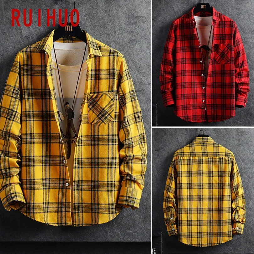 Casual Plaid Shirts For Men Clothing Yellow Plaid Shirt Men Long Sleeve Shirt For Men Fasion M-4XL Arrival 240119