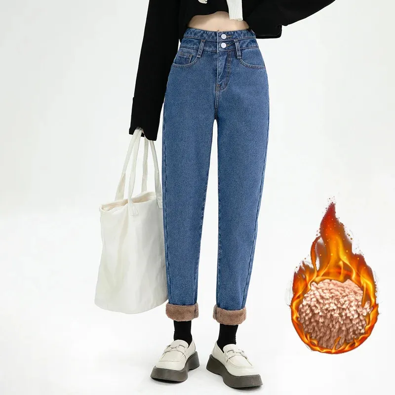 2023 inverno feminino quente grosso veludo calças jeans cintura alta velo mãe jeans baggy vintage perna larga harem denim calças 240124