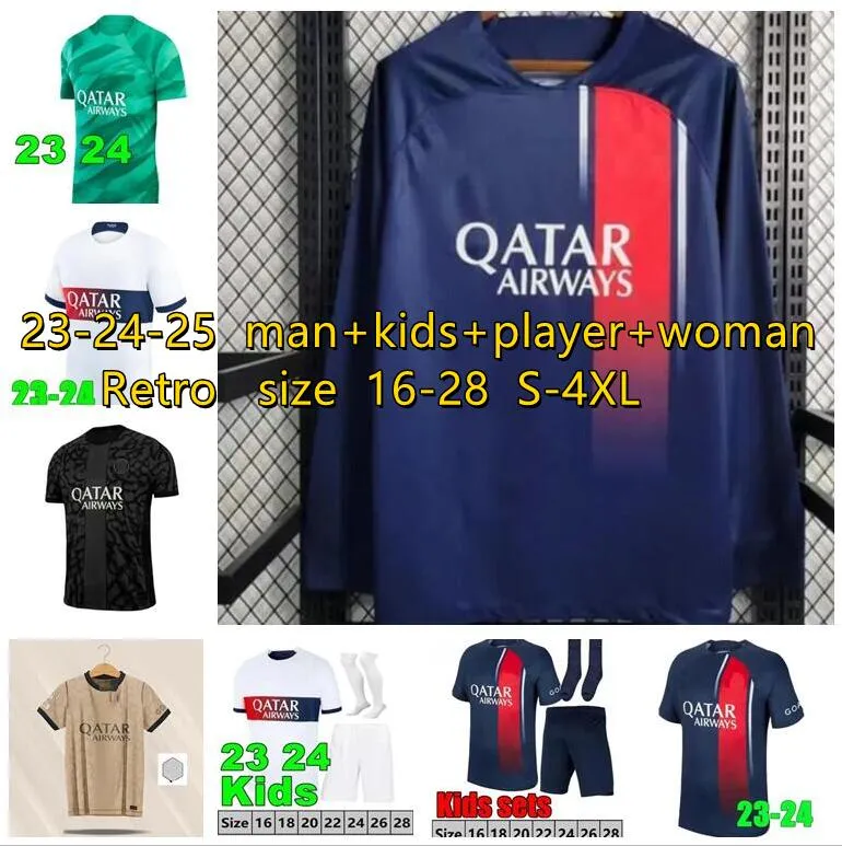 Messises Soccer Jerseys Player 10 Mbappe Sergio Ramos Hakimi Marquinhos M.Asension Verratti 23 24 Maillots Football Jerseys 2023 2024 S-4XL Men Kids Kits مجموعة Saint