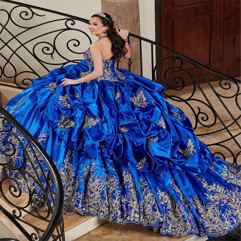 فساتين رويال زرقاء Quinceanera مع الدانتيل زين الرسن الرقبة الحلو 16 فستان Vestido de 15 Anos Ball Prom Downs