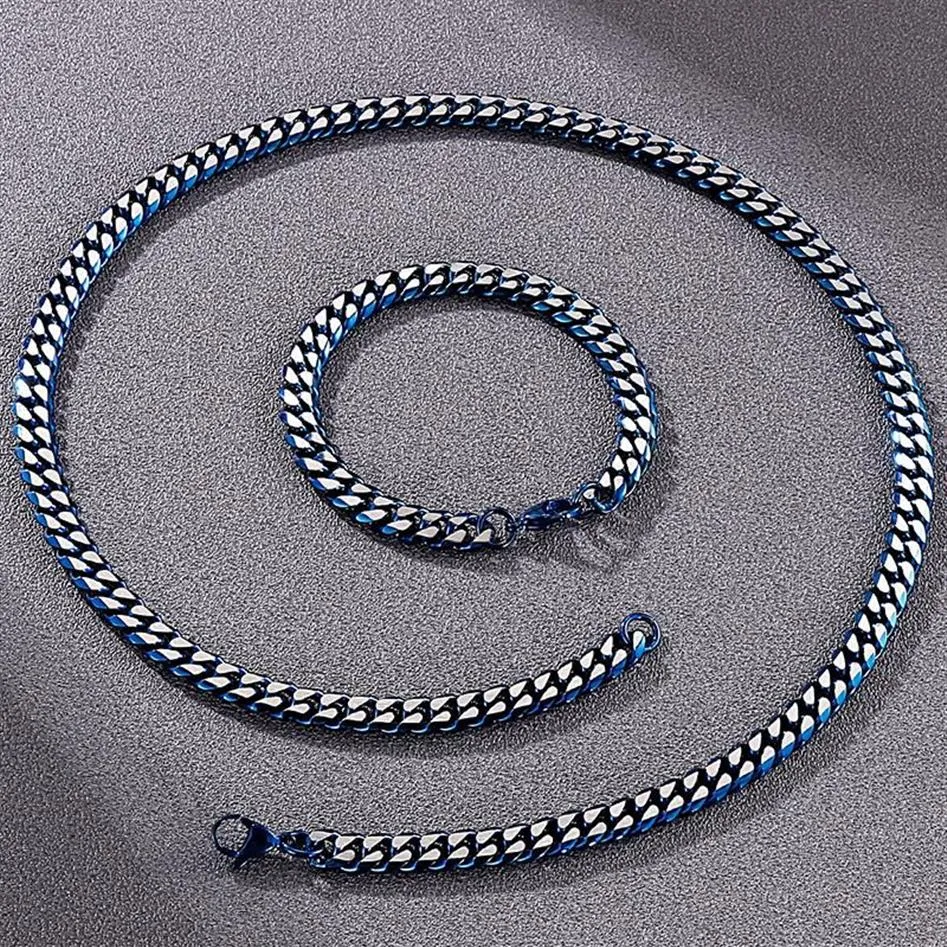 Kettingen 8MM Cubaanse Link Kinketting Armband Set Voor Mannen Gouden Blauw Roestvrij Staal Heren Kettingen Armbanden man Ac3324