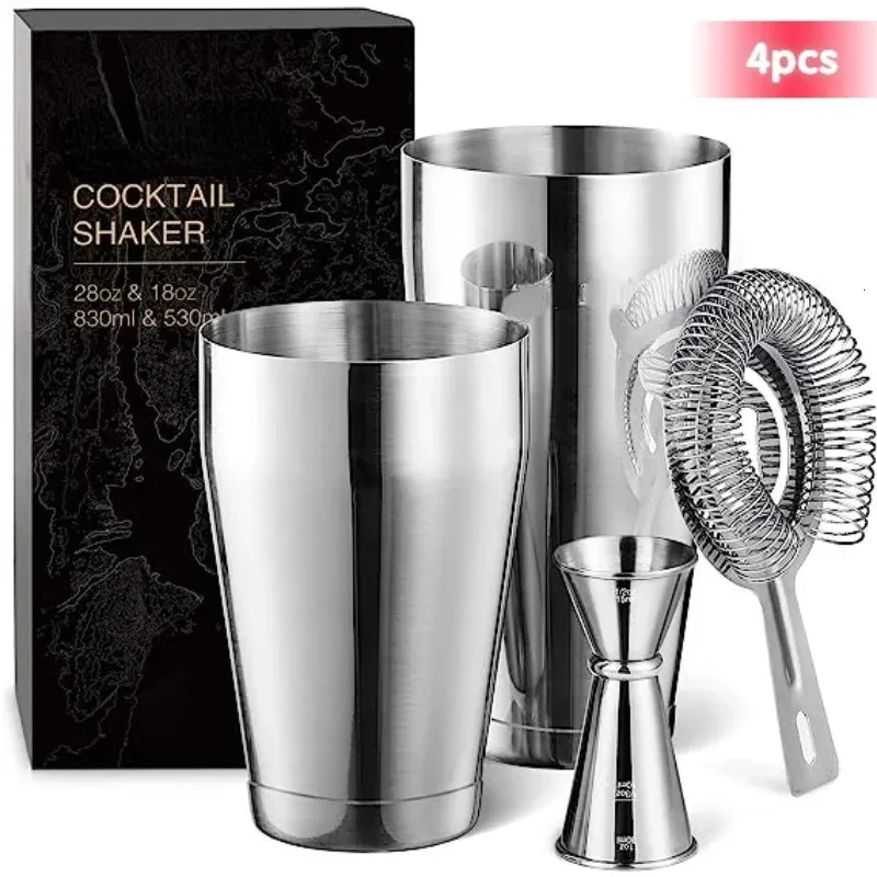 Mélangeur à cocktail Shaker Set 4pcs Boston Shaker Boîtes Barman Kit 18oz 28oz Boisson Mixte Shaker Passoire Double Mesure Jigger 240124