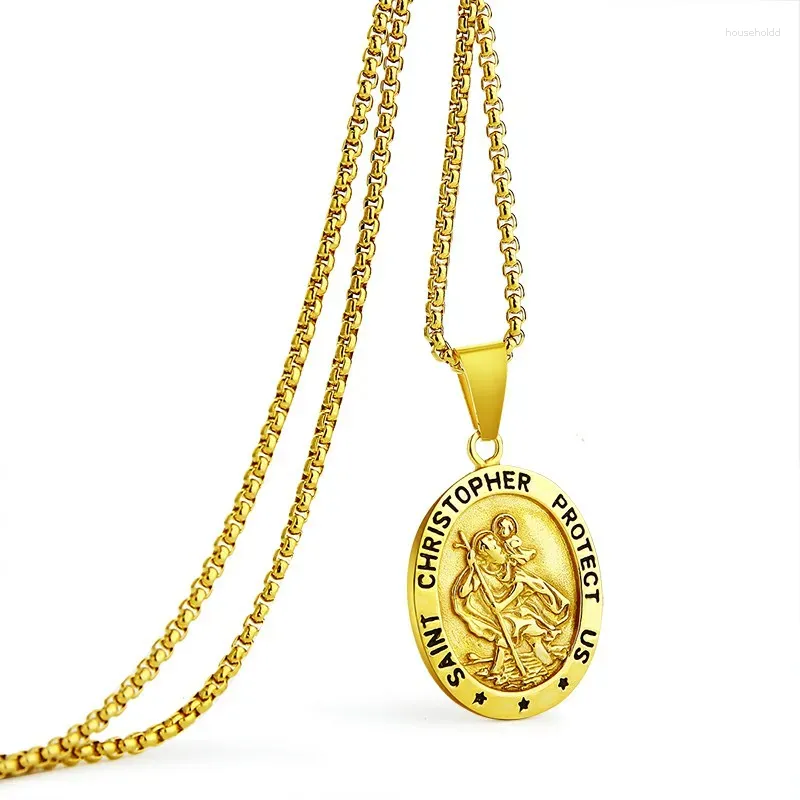 Ожерелья с подвесками, мужское ожерелье Святого Кристофера, нержавеющая сталь, позолоченная католическая медаль покровителя, ювелирные изделия, медальон путешественника