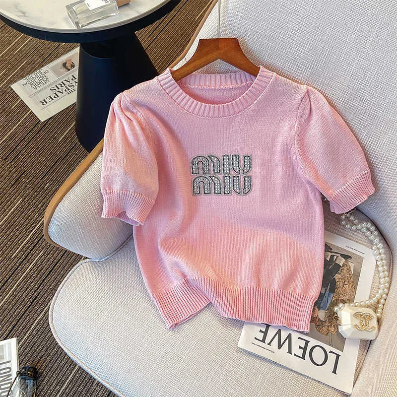 Pink Knitted Sweater Pullover 2024 Spring Lazy Style Soft Glutinous Bubble Sleeves Small Man Hot Diamond Miu Series Short Top