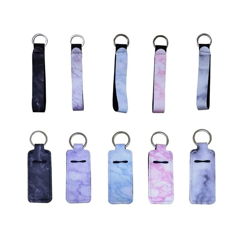 Marble Chapstick Holder Keychain Keyring Lanyard Wristlet Lipstick Sleeve Pouch Elastic Lip Balm Holster Fashion Travel Jewelry Drop Dhsc2