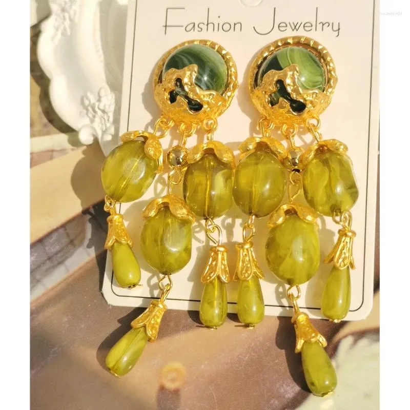 Dangle Brincos Retro Oliva Verde Resina Longa Borla Gota Para Mulheres Jóias 2024 Cor Dourada Metal França Presentes de Viagem