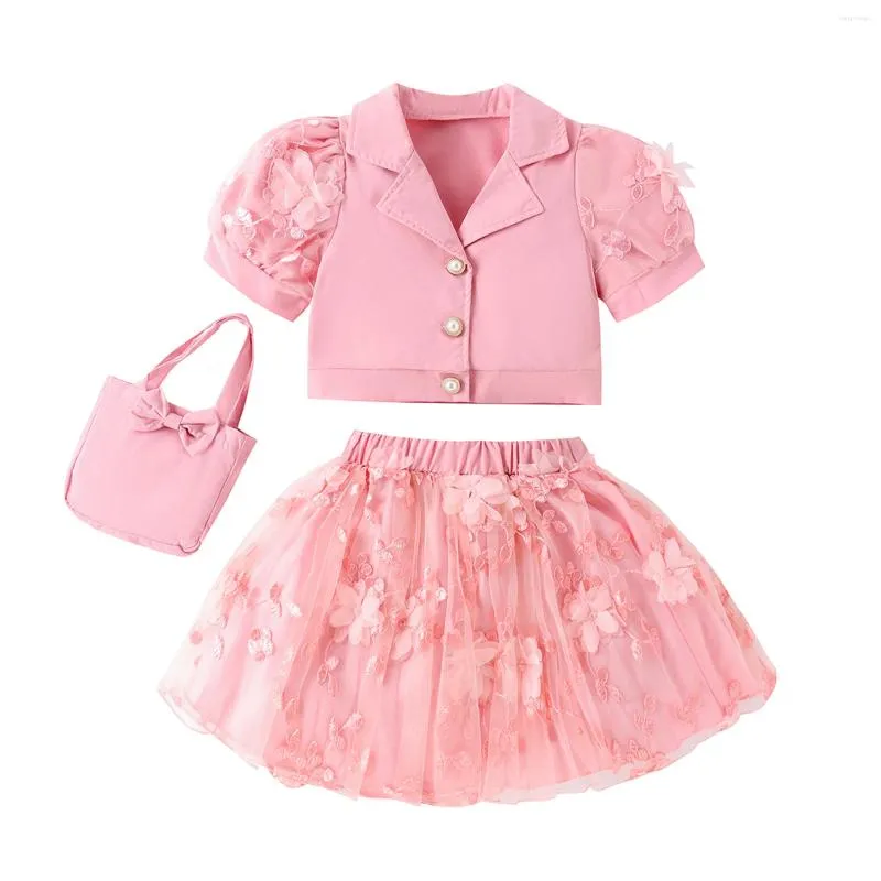 Kläderuppsättningar Pudcoco Kids Girls Summer 3 Piece Outfits Kort ärm Lapel-knapp upp toppar blommig broderi tyllkjol handväska set 4-7t