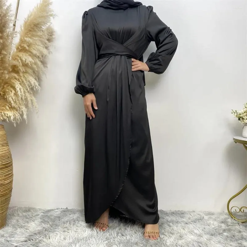 Ubranie etniczne muzułmański Krzyż mody z sukienką z paskiem Turkey Abaya Kobiety z długim rękawem Sundress Asymetryczne szatę Dubai Vestido Isamic