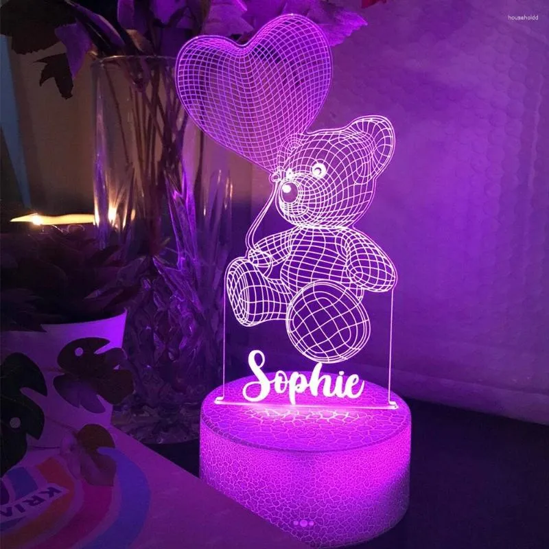 Veilleuses nom personnalisé ours en peluche 7/16 lumière colorée 3D lampe à LED pour chambre d'enfant décor cadeau d'anniversaire de noël