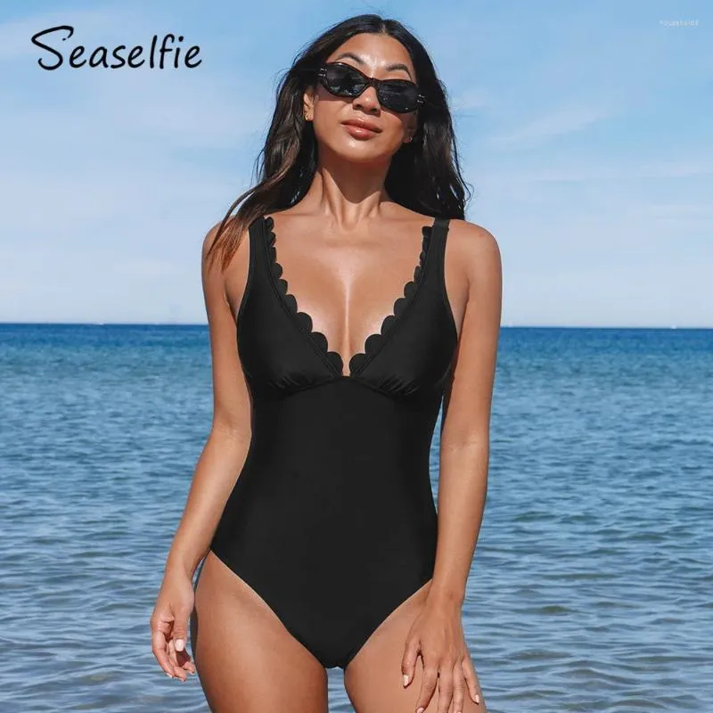 Costumi da bagno da donna SEASELFIE Smerlato con scollo a V Costume intero da donna Nero Sexy spalline larghe Monokini 2024 Costume da bagno Beachwear