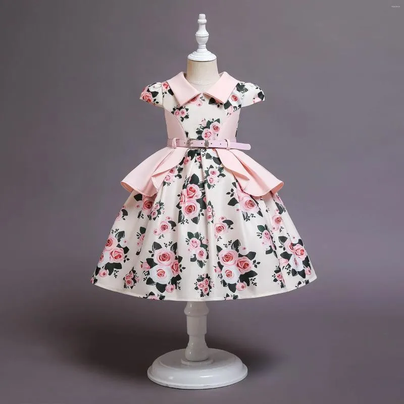 Girl Dresses Rose Floral Children's Elegant Dress Fake Two Princess Kids Clothes Turn Down Collar Belt Kid's Costume 2 8 10 Years