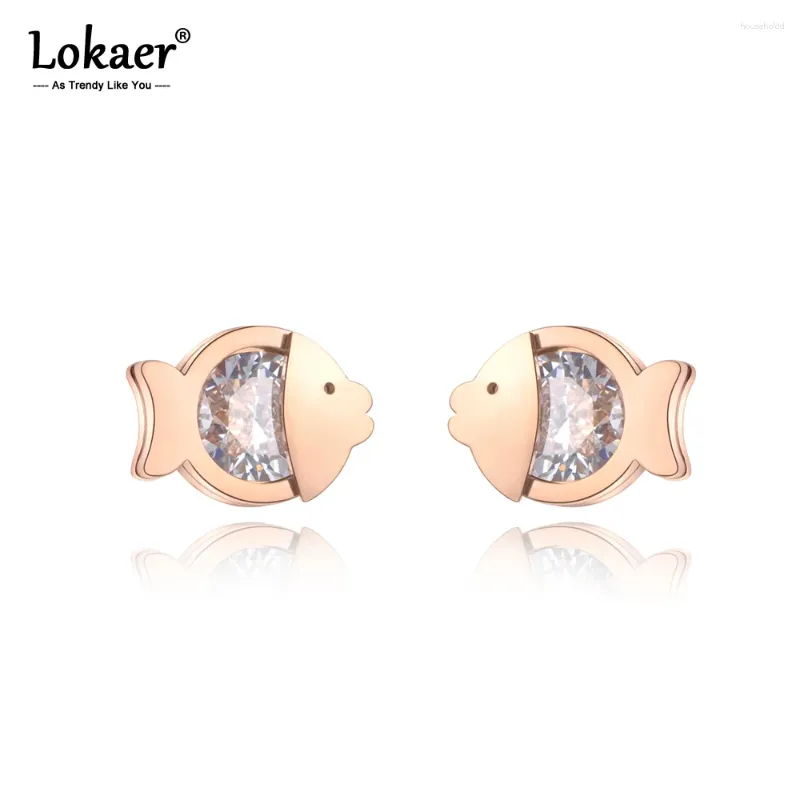 Boucles d'oreilles Lokaer mode titane acier inoxydable petit poisson plaqué or Rose CZ cristal animaux bijoux pour femmes E19159