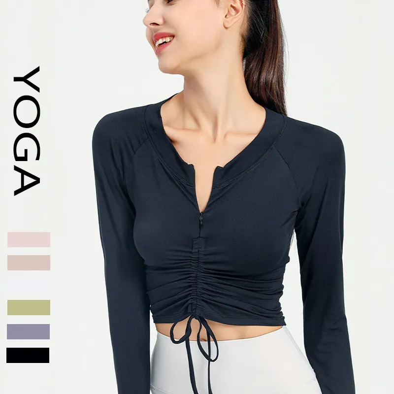 al Yoga Langärmeliges Damen-T-Shirt mit schmaler Passform und halbem Reißverschluss, enges Kordelzug-Oberteil, sexy, offener Bauchnabel, Pilates-Sport-T-Shirt