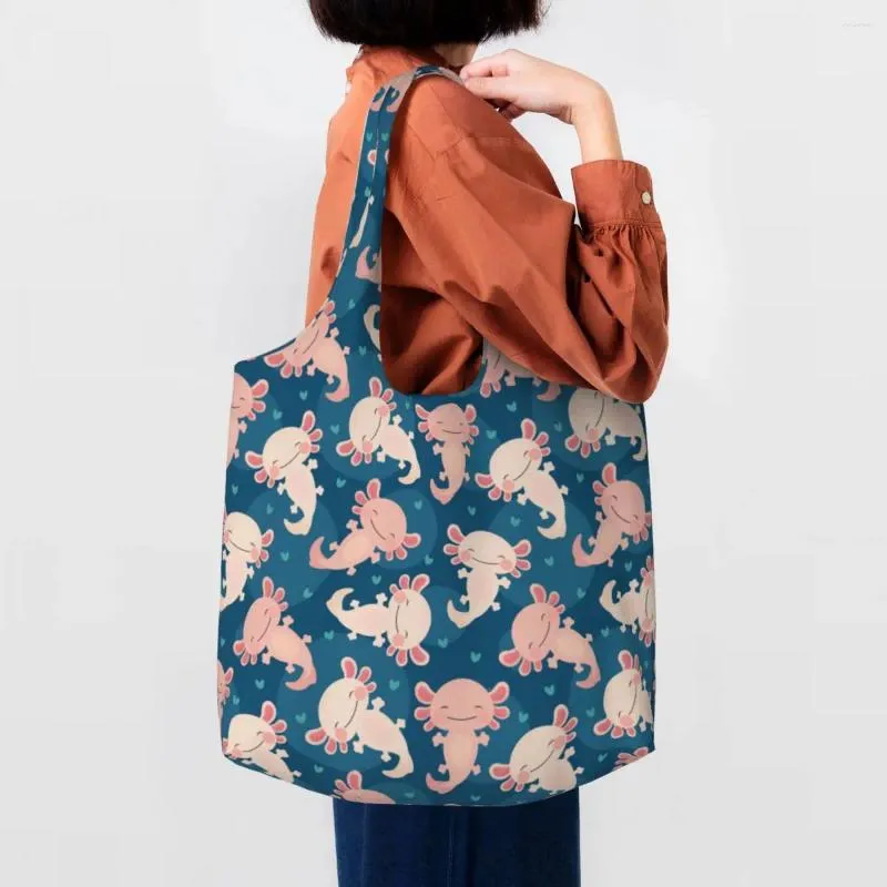 Shopping Bags Cute Axolotl Pattern Tote Bag Recycling Salamander Animal Canvas Groceries Shoulder Shopper Pography Handbags