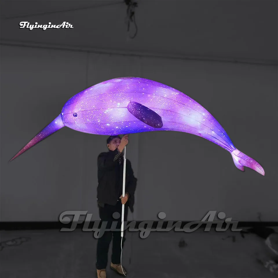 wholesale Fantastic Large Pink Walking Inflatable Narwhale Puppet Holding Blow Up Cartoon Sea Animal Balloon For Parade Show