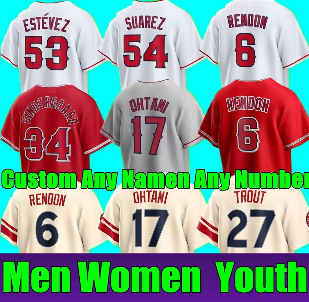 새로운 커스텀 S-4XL Mike 송어 유니폼 안토니 렌든 야구 천사 Giolito Carlos Estevez Ohtani Jose Suarez Noah Syndergaard Andrew Velazquez 남자 청소년