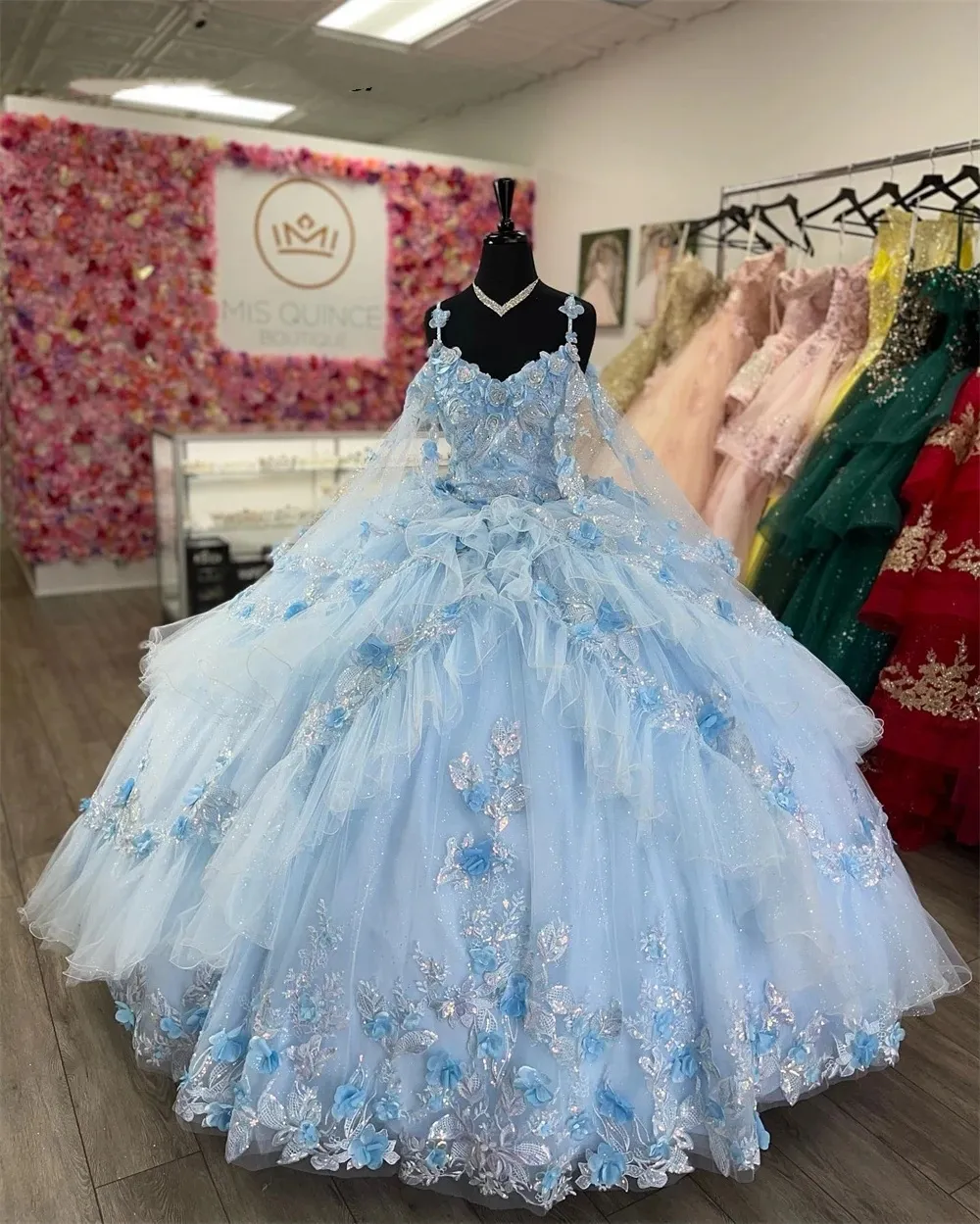 Elegante spaghetti 3D -bloemen Ruffels Quinceanera Sky Blue For Short Girls Sweet 16 jurken Luxious Birthday Dress Vestido Azul