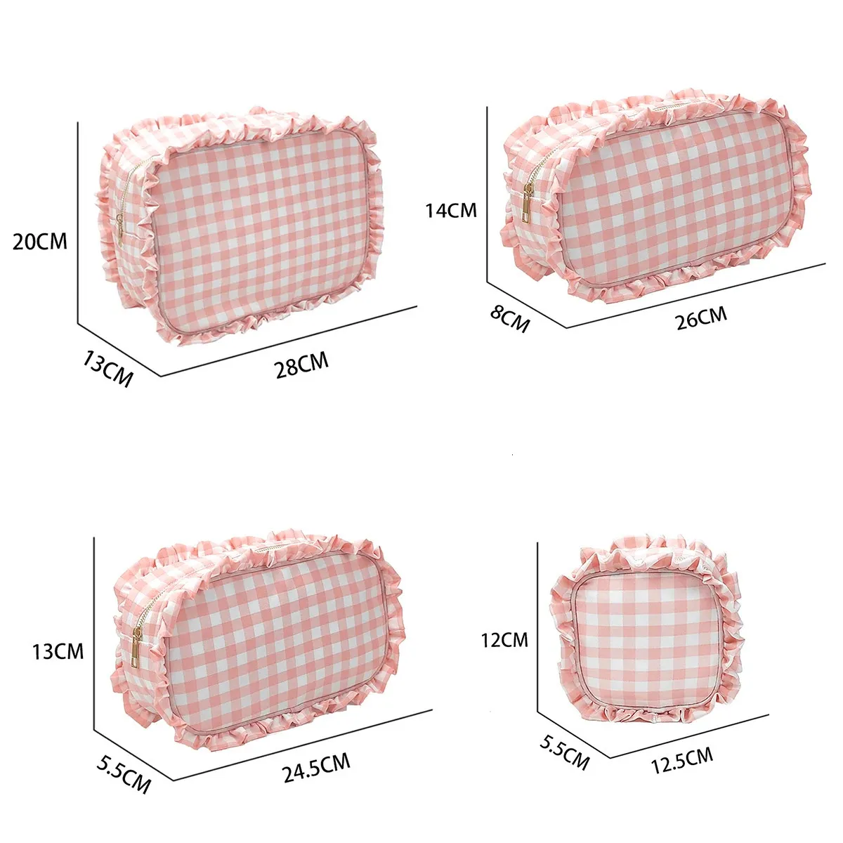 1PC Ruffle Plaid Torebka kosmetyczna Patch Spersonalizowany nylonowy różowy torba na toaletowe toalet kosmetyków kosmetyczny makijaż Organizator 240201