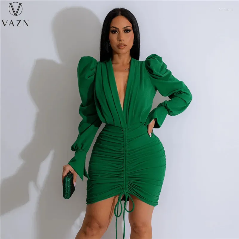 Casual Dresses Vazn 2024 Luxury Designer Young Sexy Club Solid Deep V-Neck Full Hleeve DrawString High midje Women Short Pencil Dress