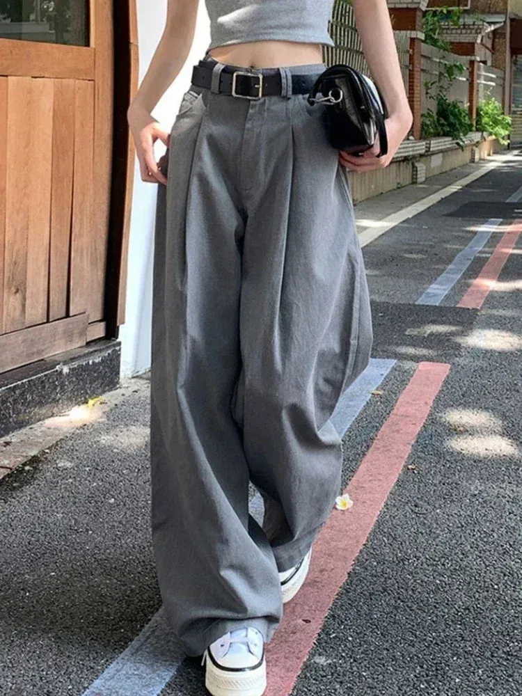 Deeptown Vintage Style coréen gris pantalon large femmes Y2k américain rétro Baggy pantalon Kpop 90S Grunge surdimensionné pantalons amples 240129