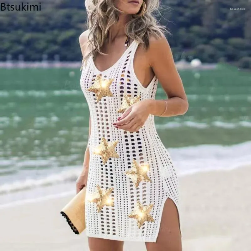 Women's Swimwear 2024 Summer Mini Beach Dress For Women Star Flag Print Cover Ups Female Large Split Swimsuit Coverup Woman Up