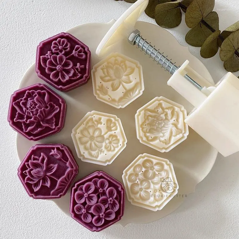 Outils de cuisson 4 pièces/ensemble 50g moule à gâteau de lune fleur hexagonale Lotus hortensia pivoine camélia motif biscuit pâtisserie timbre gâteau de riz