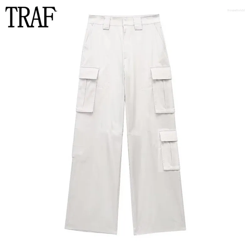 Women's Pants TRAF Beige Cargo Women Summer Baggy Woman Satin High Waist Trousers Streetwear Casual For 2024