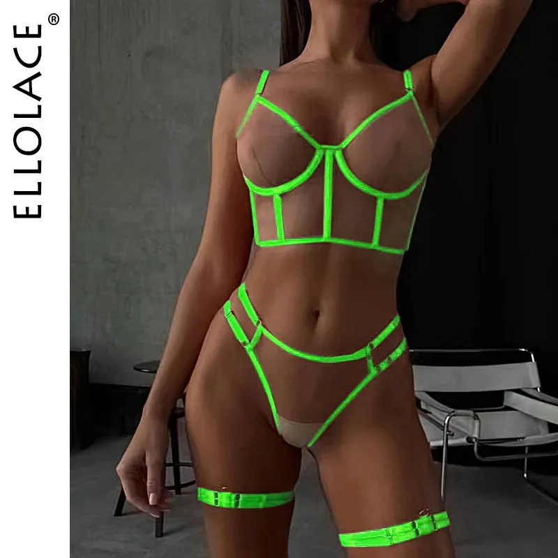 Ellolace Neon Green Lingerie Fetish Naked Women Without Censorship Underwear That Can See Intimate Sexy Nude Transparent Bra Set 240127
