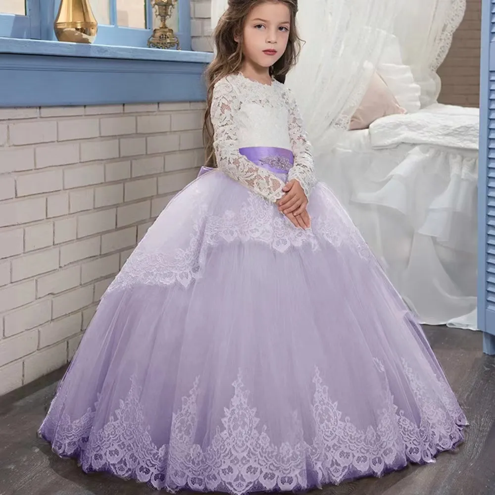 White luxury Lace Tulle Flower Girl Dresses For Country Garden Weddings Long Sleeves Girls Formal Birthday Party gowns Tulle Beaded Princess Queen Marriage Gowns