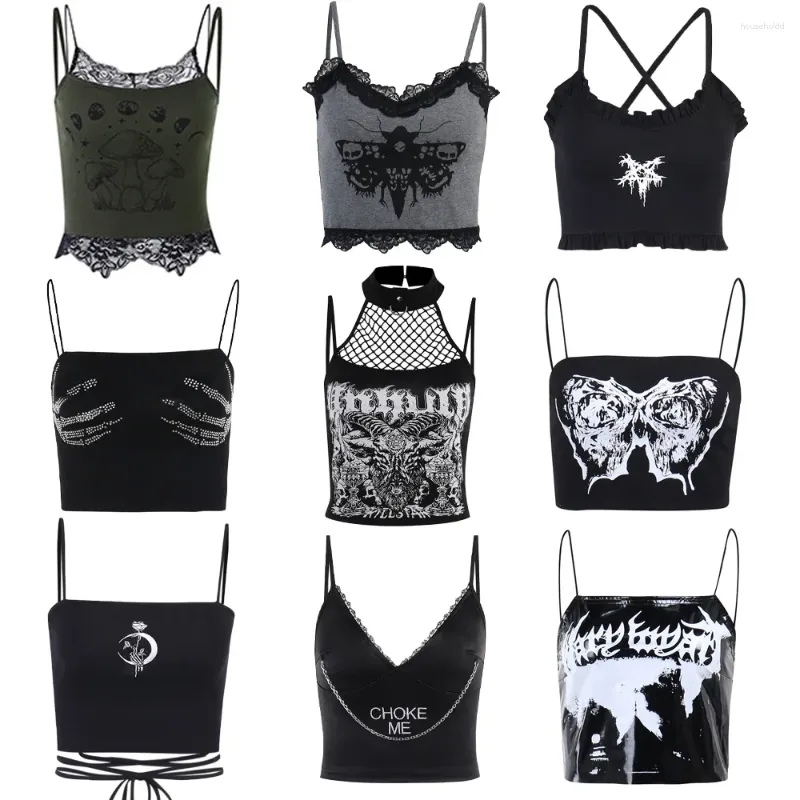 Kobiety damskie seksowne y2k goth punk czaszka spaghetti paski bodycon bez pleców bez rękawów 2000. estetyczne czarne plonowe top zbiornikowy zbiornik na kamisole