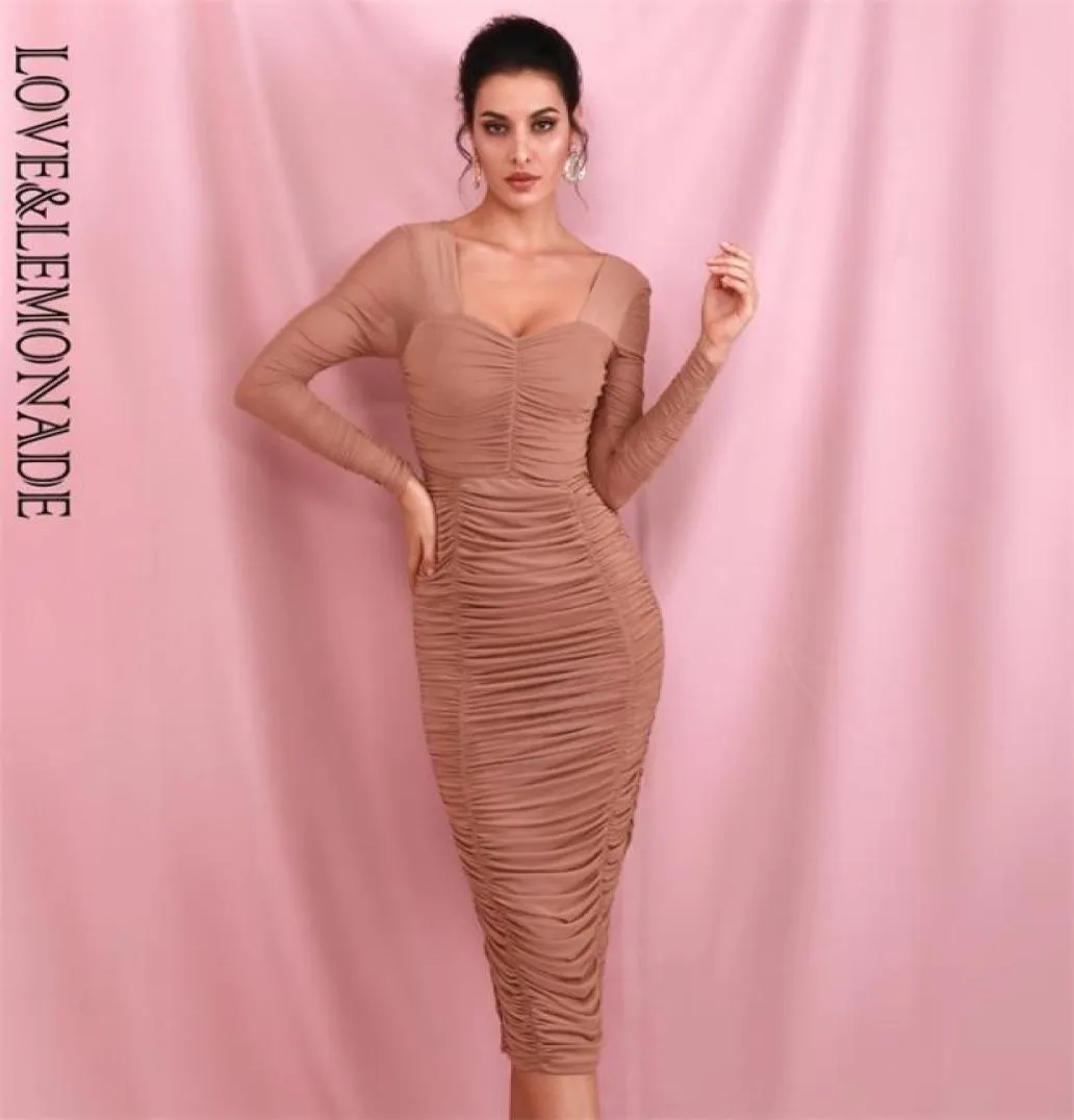 Nude Square Collar Elastic Mesh Slim Long Sleeve OverTheKnee Party Dress With Lining LM819411 2106024452412