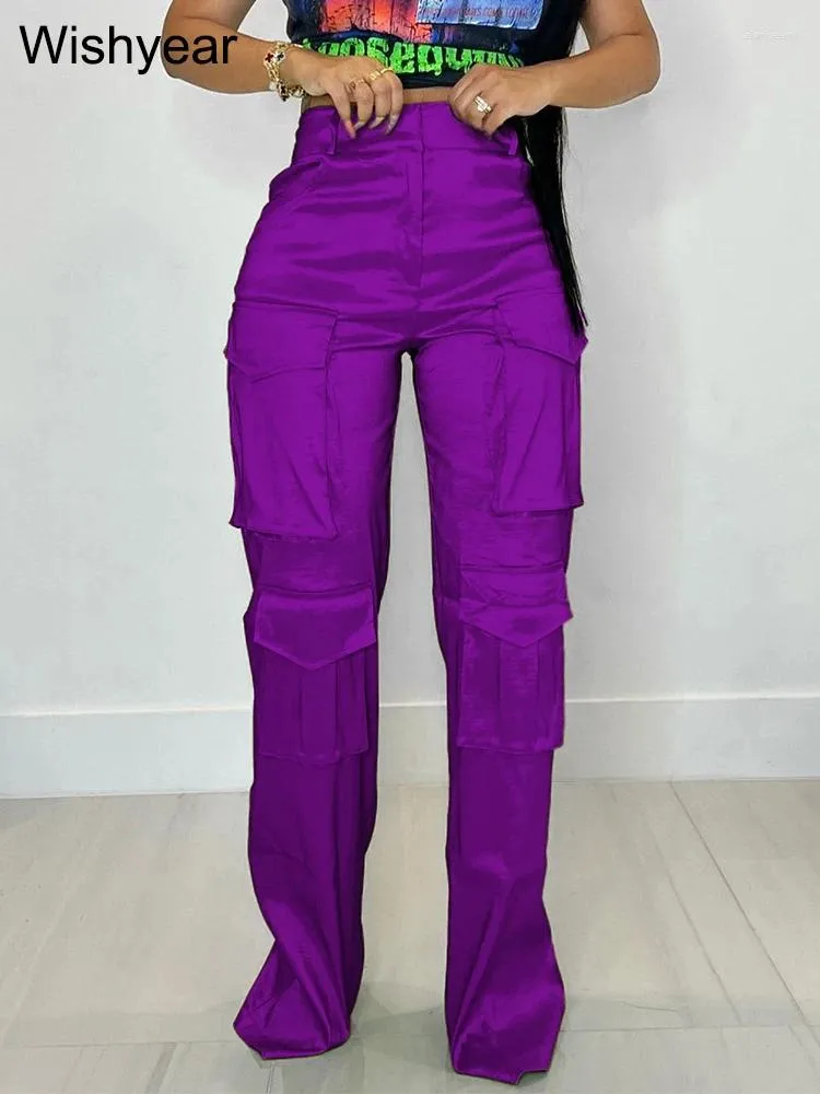 Pantaloni da donna Casual a vita alta con bottoni Pantaloni dritti da night club Abiti da donna Streetwear Raso setoso Multi tasche Cargo