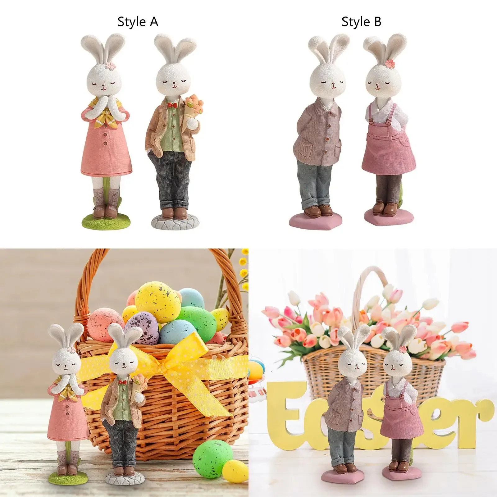 2x Easter Couple Bunny Figurines Easter Decoration Cartoon Cute Creative Ornament for Office Table Porch Cabinet Balcony