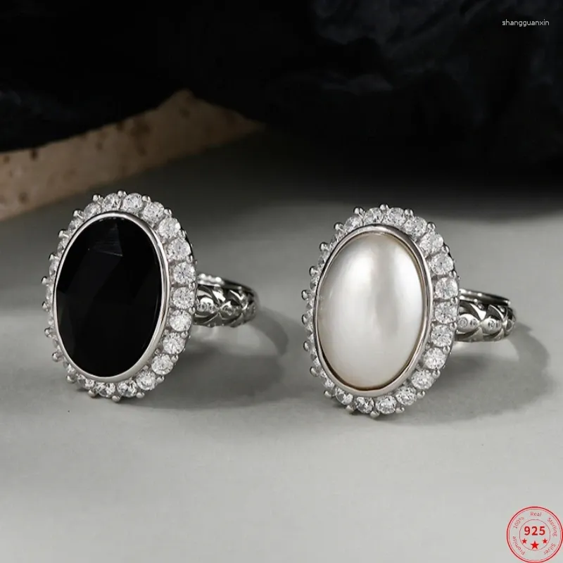 Anelli a grappolo S925 Sterling Silver for Women Men Fashion Oval Mabe-Pearl Colata Gioielli in stile zircone