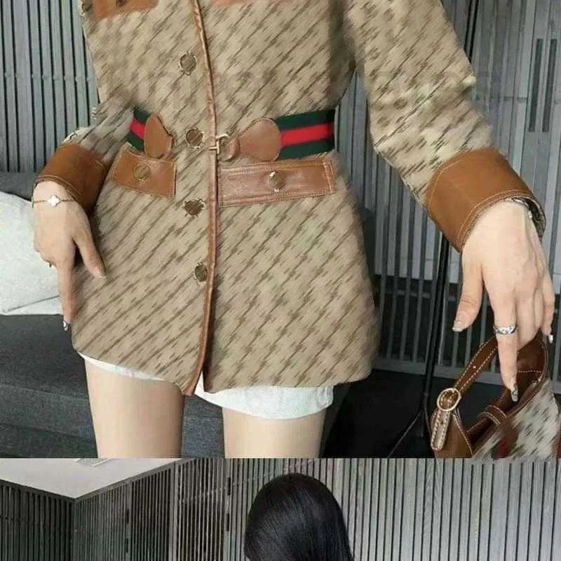 Jackets luxury High end Designer women jacket GG letter Quality the New Style Old Flower Alphabet Splice Leather Coat with Horse Buckle Belt in Autumn MMBO