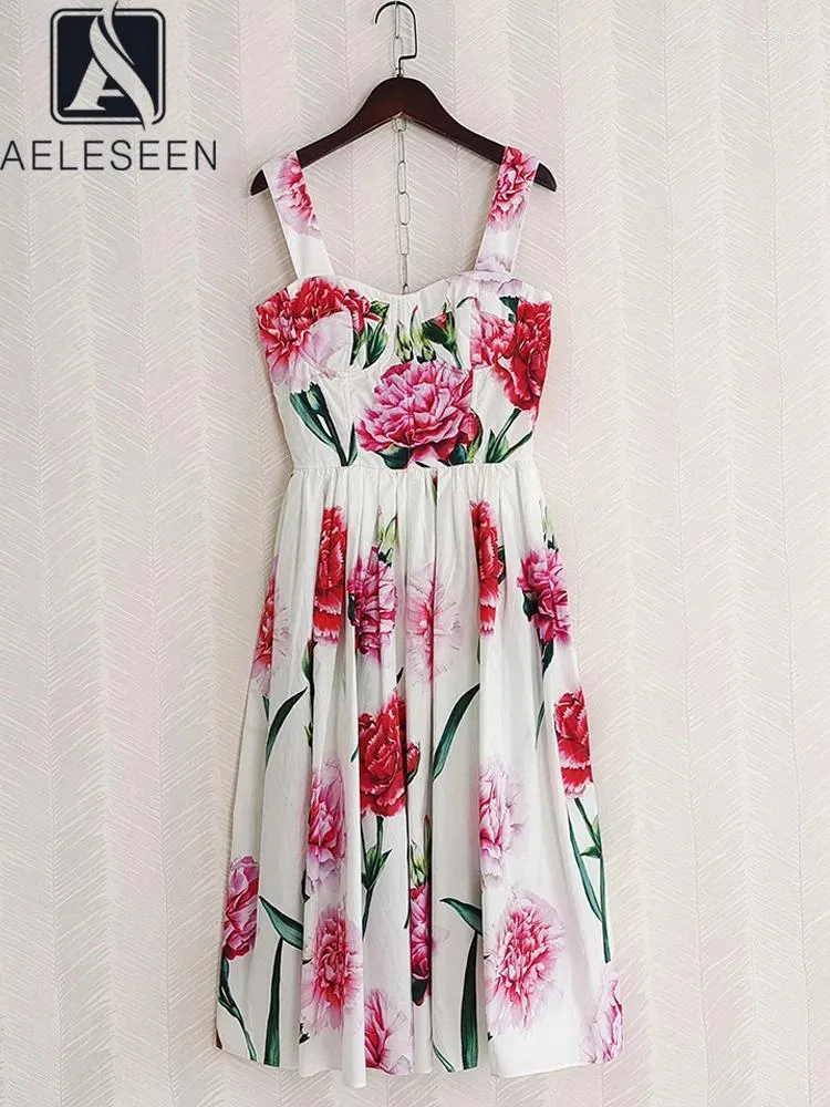 Sukienki swobodne Aeleseen bawełniane kobiety sukienka sicylijska wiosna lato spaghetti pasek piony kwiatowy elegancki szczupły camisole poplin